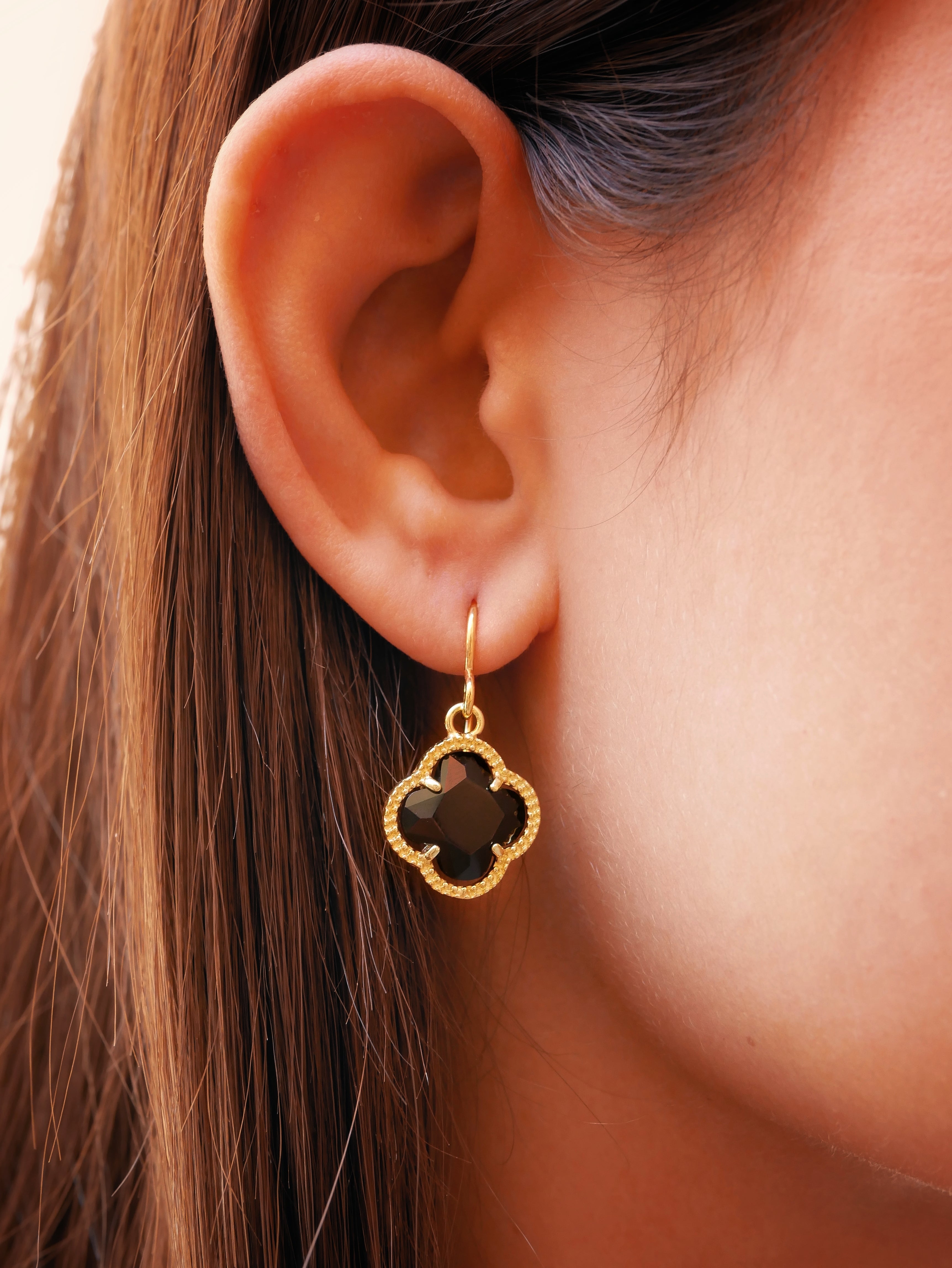CLOVER Rose Gold Earrings with Black Quartz