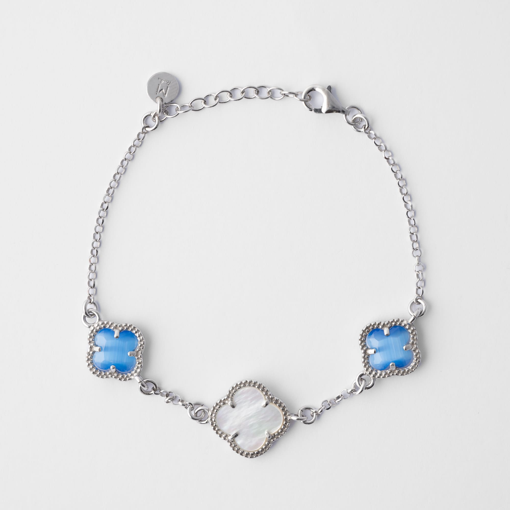 Clover bracelet with blu quartz and mother of pearl