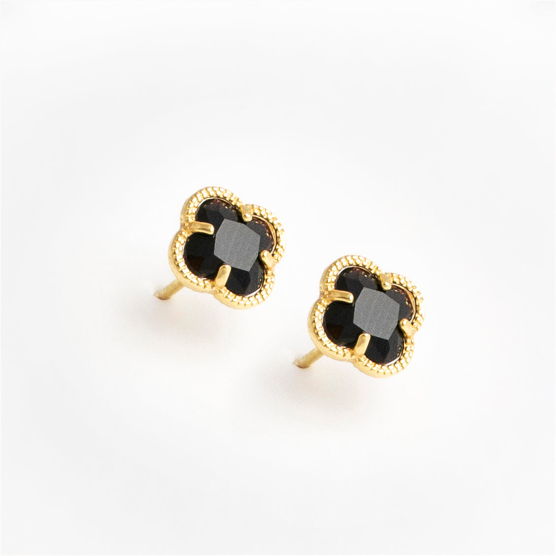 CLOVER Gold Earrings with Black Quartz
