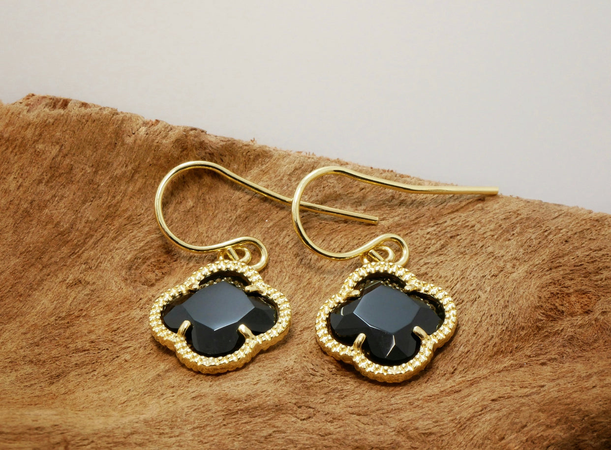 CLOVER Rose Gold Earrings with Black Quartz