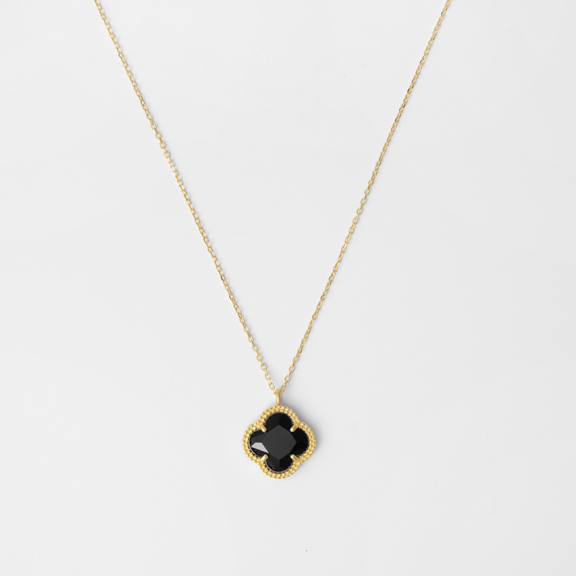 CLOVER Gold Necklace with Black Quartz