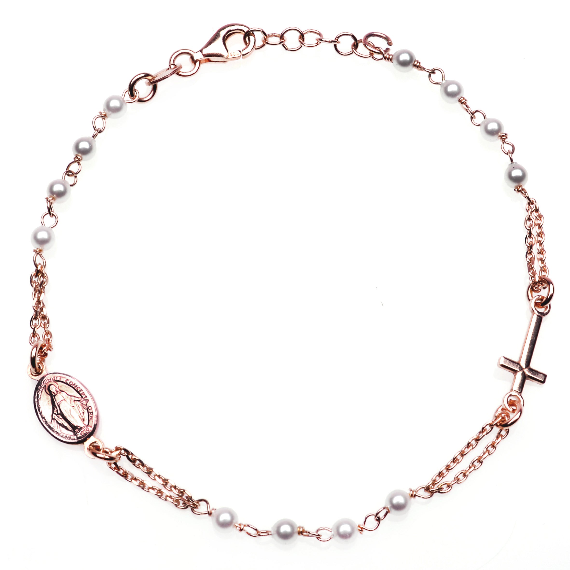ROSARY bracelet rose gold plated with white pearls