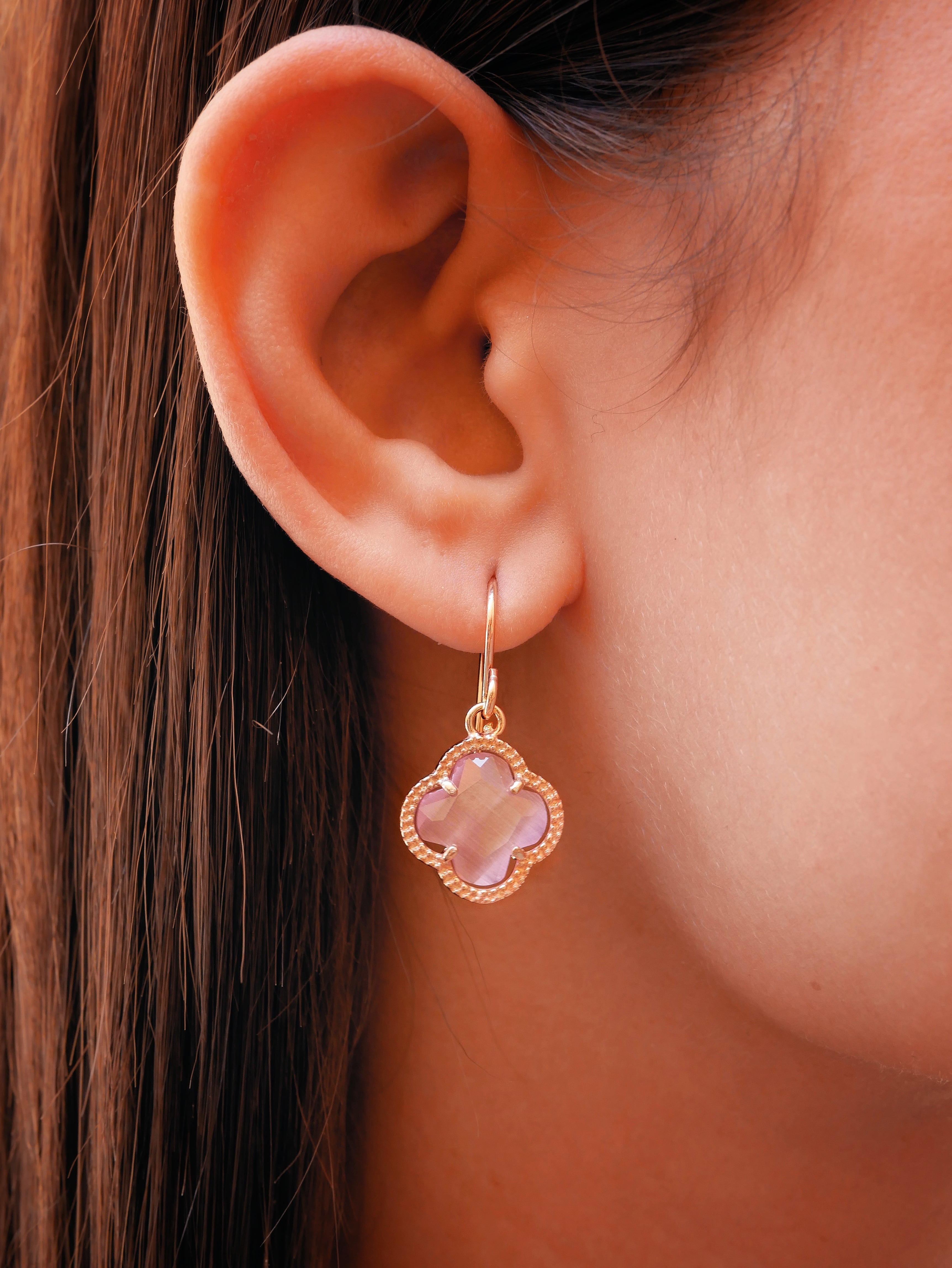 CLOVER Rose Gold Earrings with Pink Quartz
