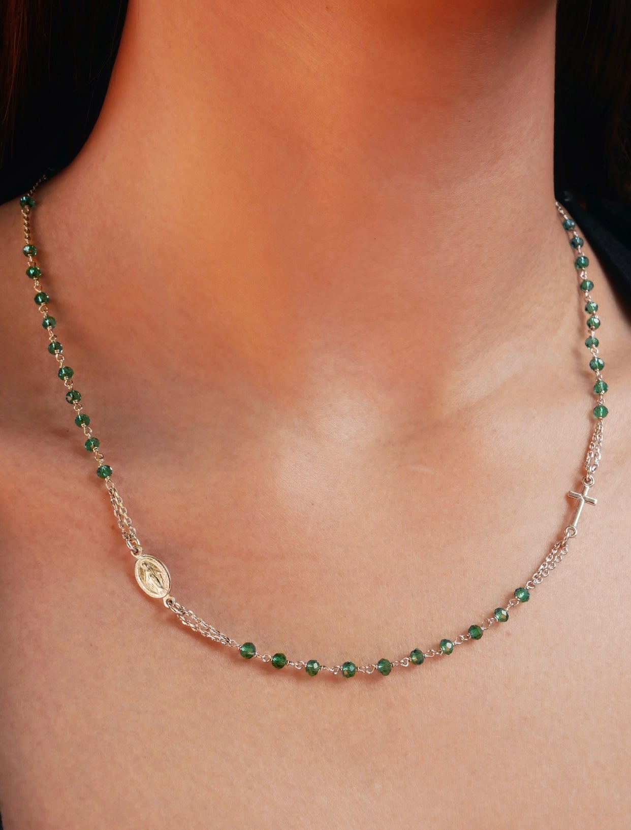 ROSARY Necklace with Green Crystals