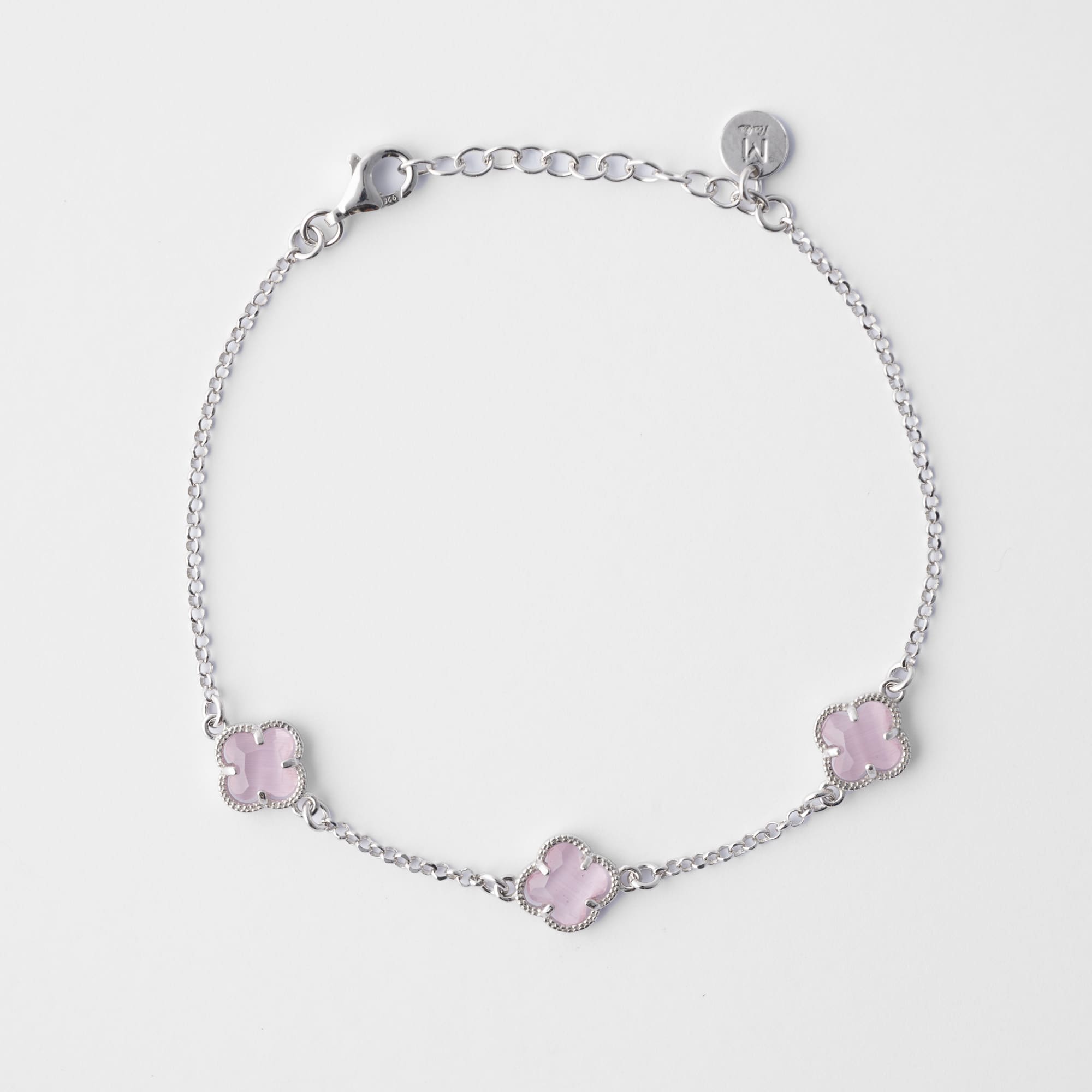 CLOVER Silver Bracelet with Pink Quartz