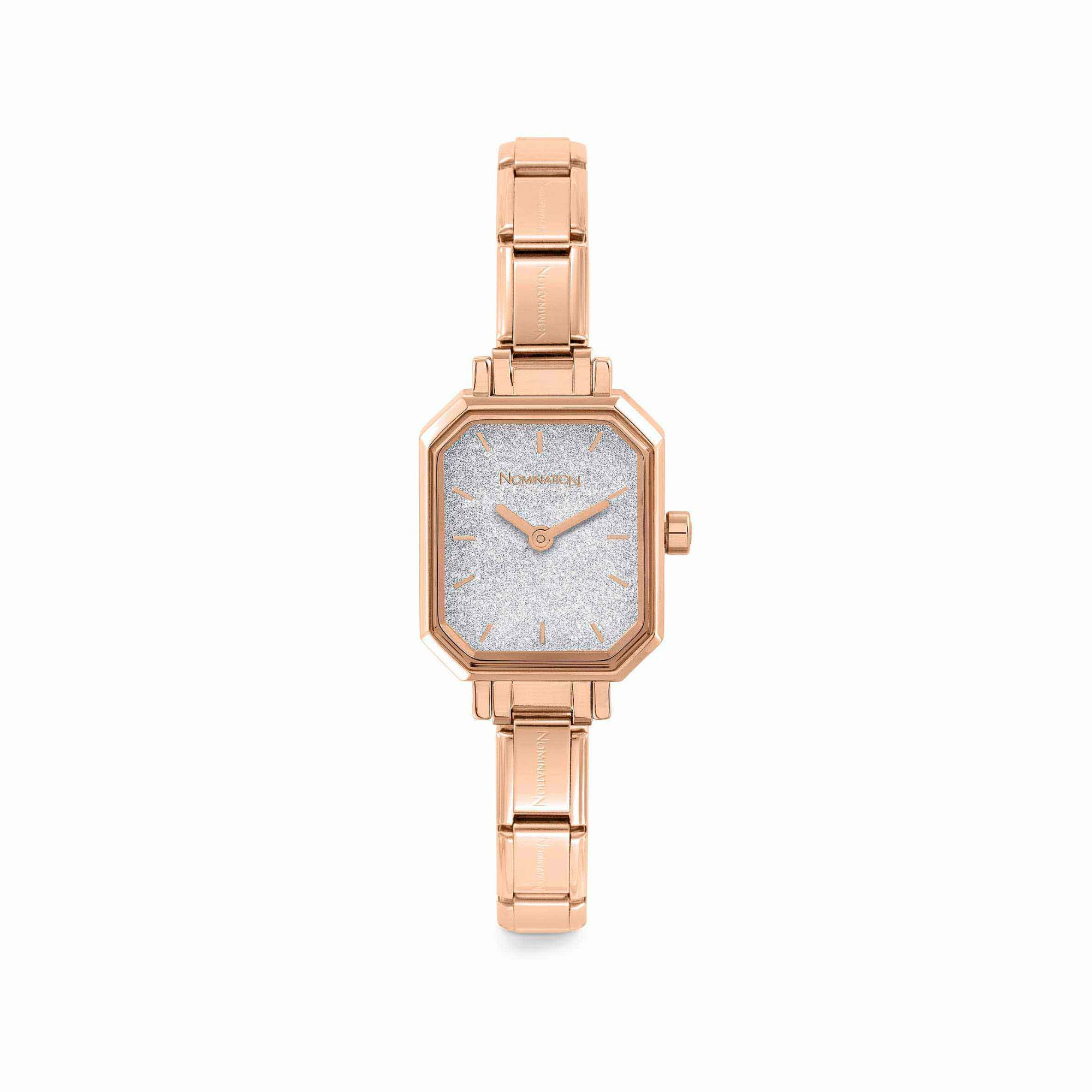 PARIS watch with ROSEGOLD RECTANGULAR steel strap Glitter silver Dial